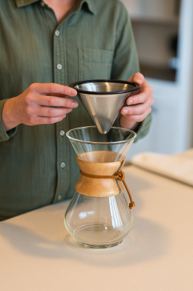 A person placing a stainless-steel reusable filter into a Chemex coffee maker for sustainable coffee brewing.