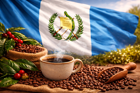 Guatemala kohv. Tass värsket kohvi ja kohvioad Guatemala lipu taustal