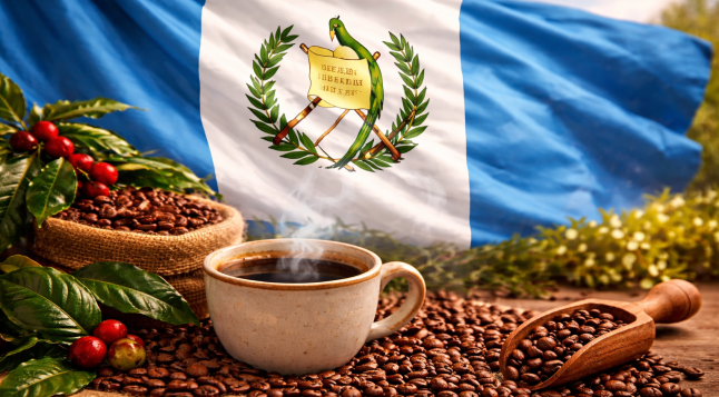 Guatemala kohv. Tass värsket kohvi ja kohvioad Guatemala lipu taustal