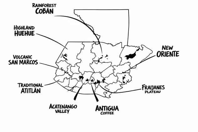 Guatemala kohv ja selle peamised kasvupiirkonnad. Guatemala kohviregioonide kaart